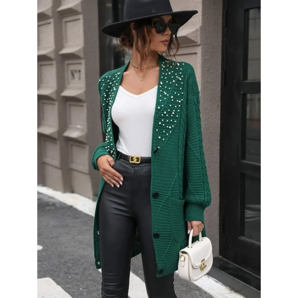 NWT By Egreis Pearl Detail Cable-Knit Button Up Cardigan Forest Green Small